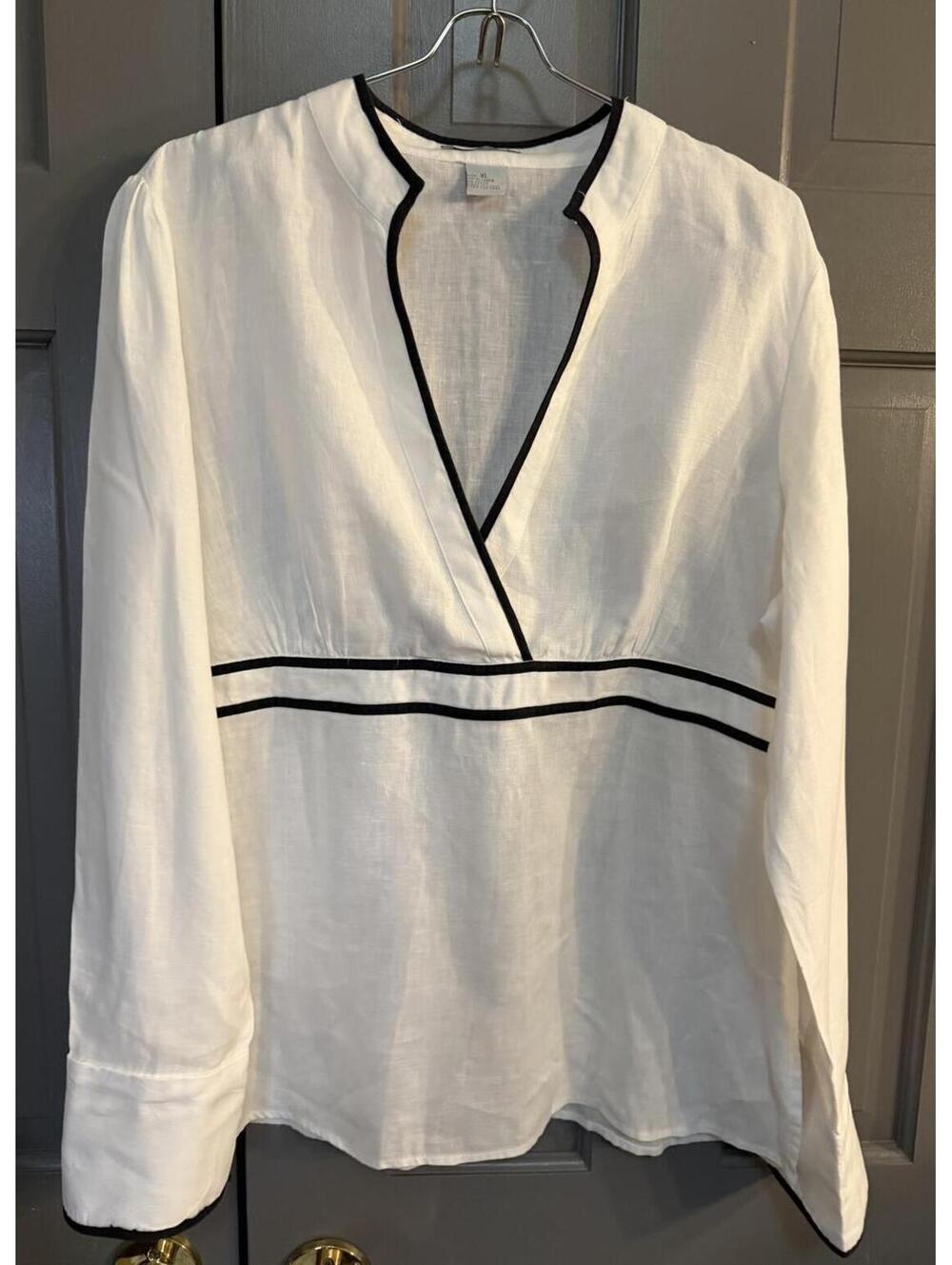 Tweeds Women's White Linen Blouse with Black Trim, Size XL